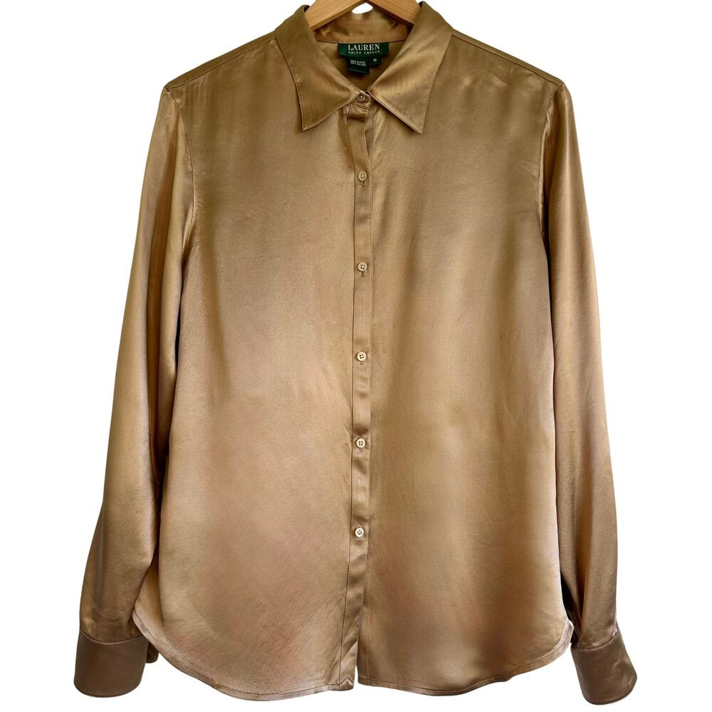 Vintage Lauren Ralph Lauren 100% Silk Blouse New Camel Long Sleeve, Sz 16 NWT